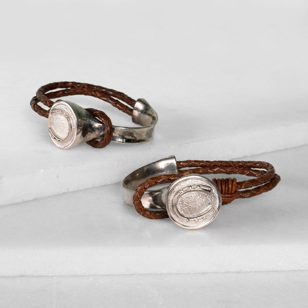 Urban Equestrian  Bosal - Leather laced Horseshoe Bracelet in Brown and Silver