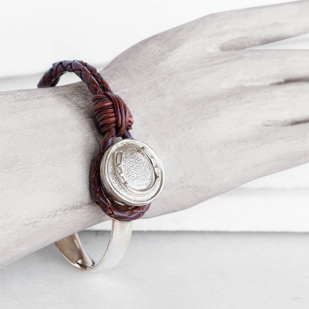Urban Equestrian  Bosal - Leather laced Horseshoe Bracelet in Brown and Silver