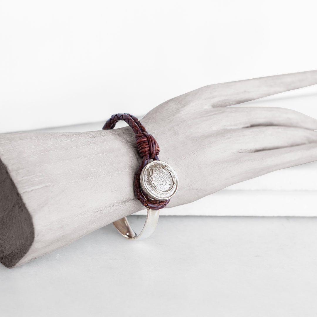 Urban Equestrian  Bosal - Leather laced Horseshoe Bracelet in Brown and Silver