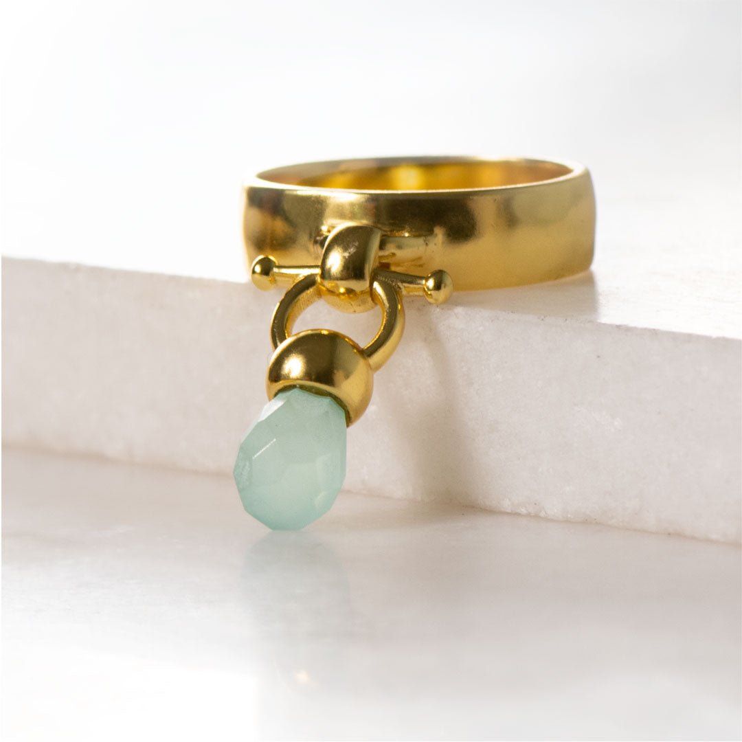 Urban Equestrian  Brio - Aqua Chalcedony Horse Bit Equestrian Ring in Gold