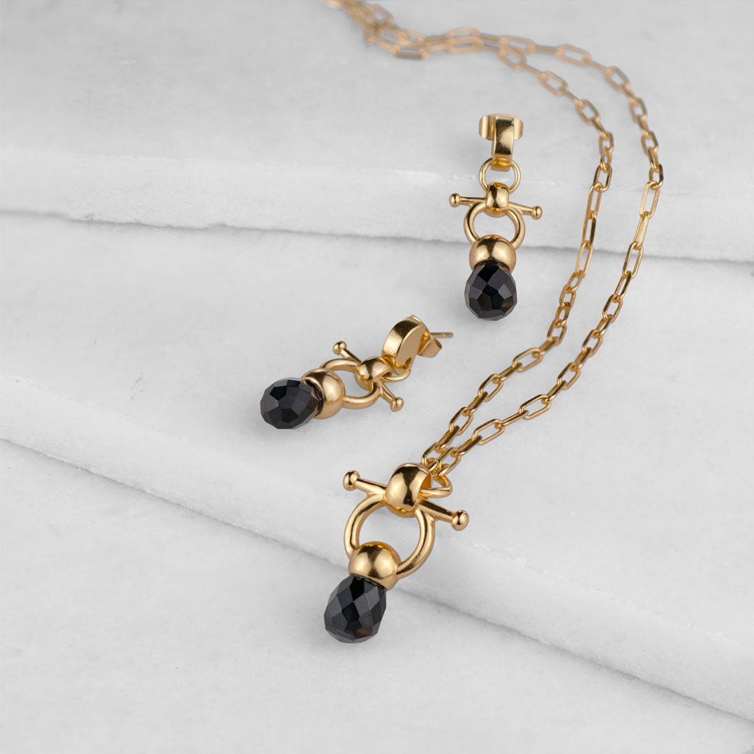 Urban Equestrian  Brioette - Black Onyx Horse Bit Earring Equestrian in Gold