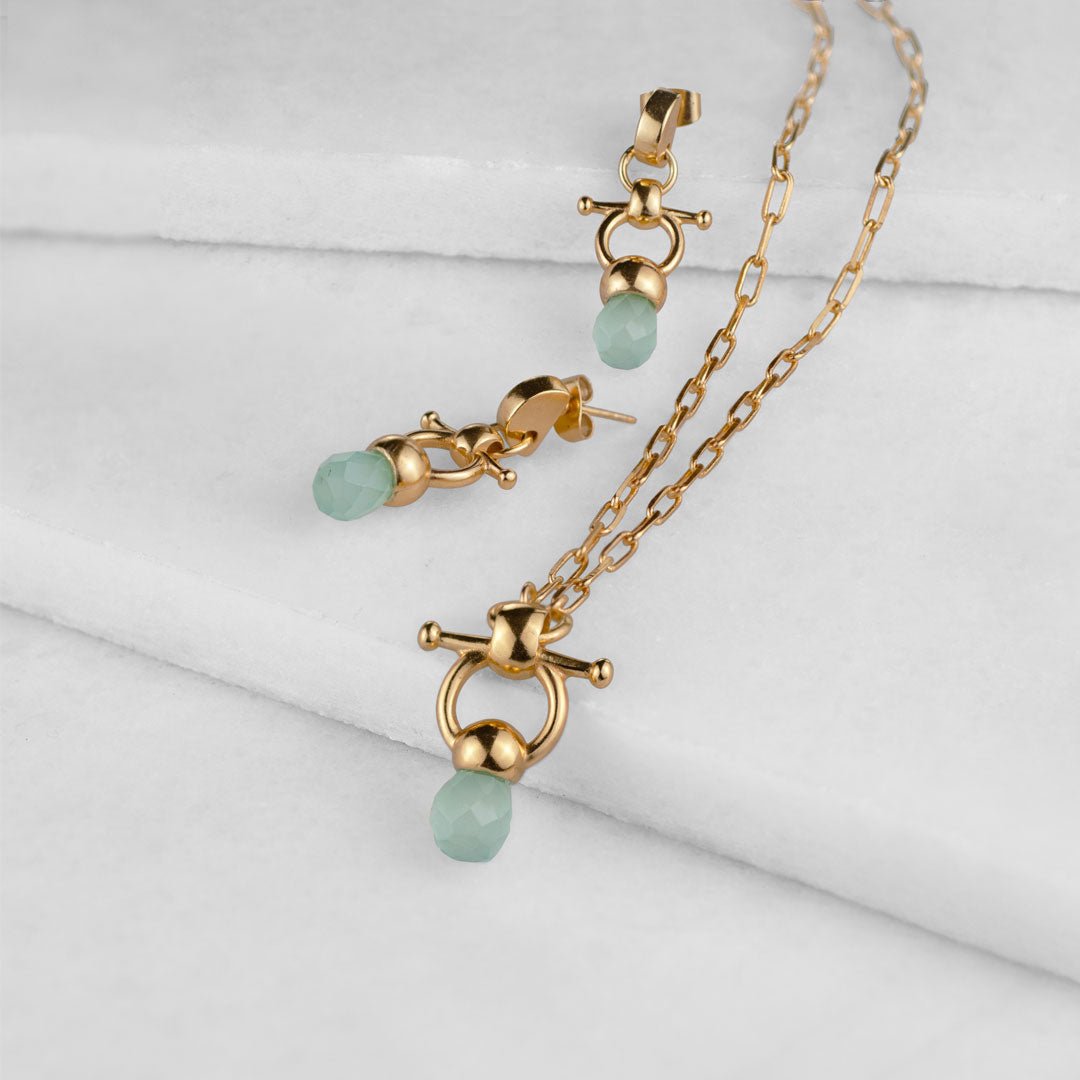 Urban Equestrian  Briolette - Aqua Chalcedony Equestrian Horse Bit Necklace in Gold