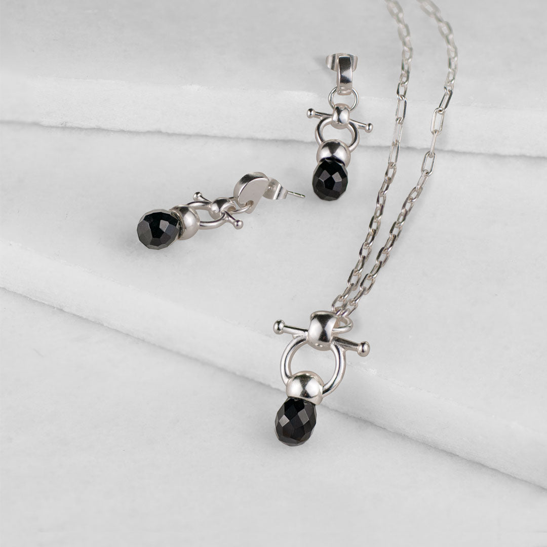 Urban Equestrian  Briolette - Black Onyx Horse Bit Equestrian Earring in Silver