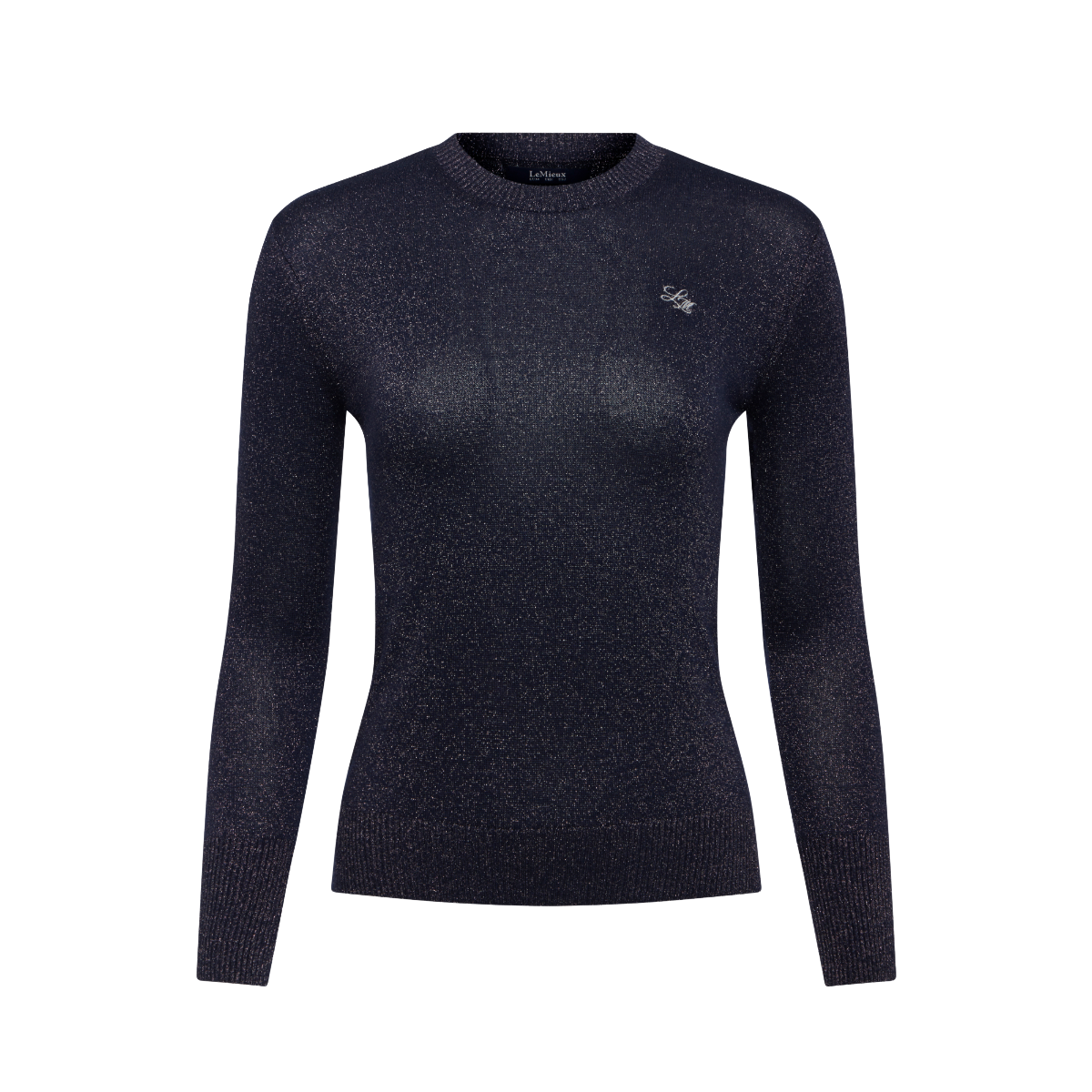 LeMieux Women's Lustre Sparkle Crew Knit Jumper front view in sapphire 