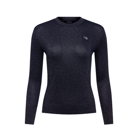 LeMieux Women's Lustre Sparkle Crew Knit Jumper front view in sapphire 