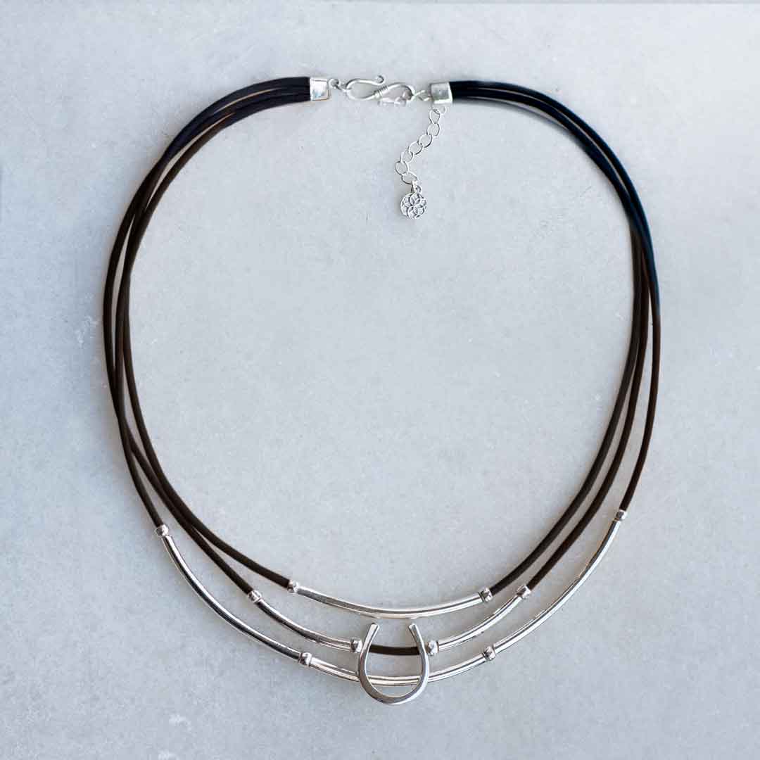 Calista - Equestrian Horseshoe Necklace on Black Leather