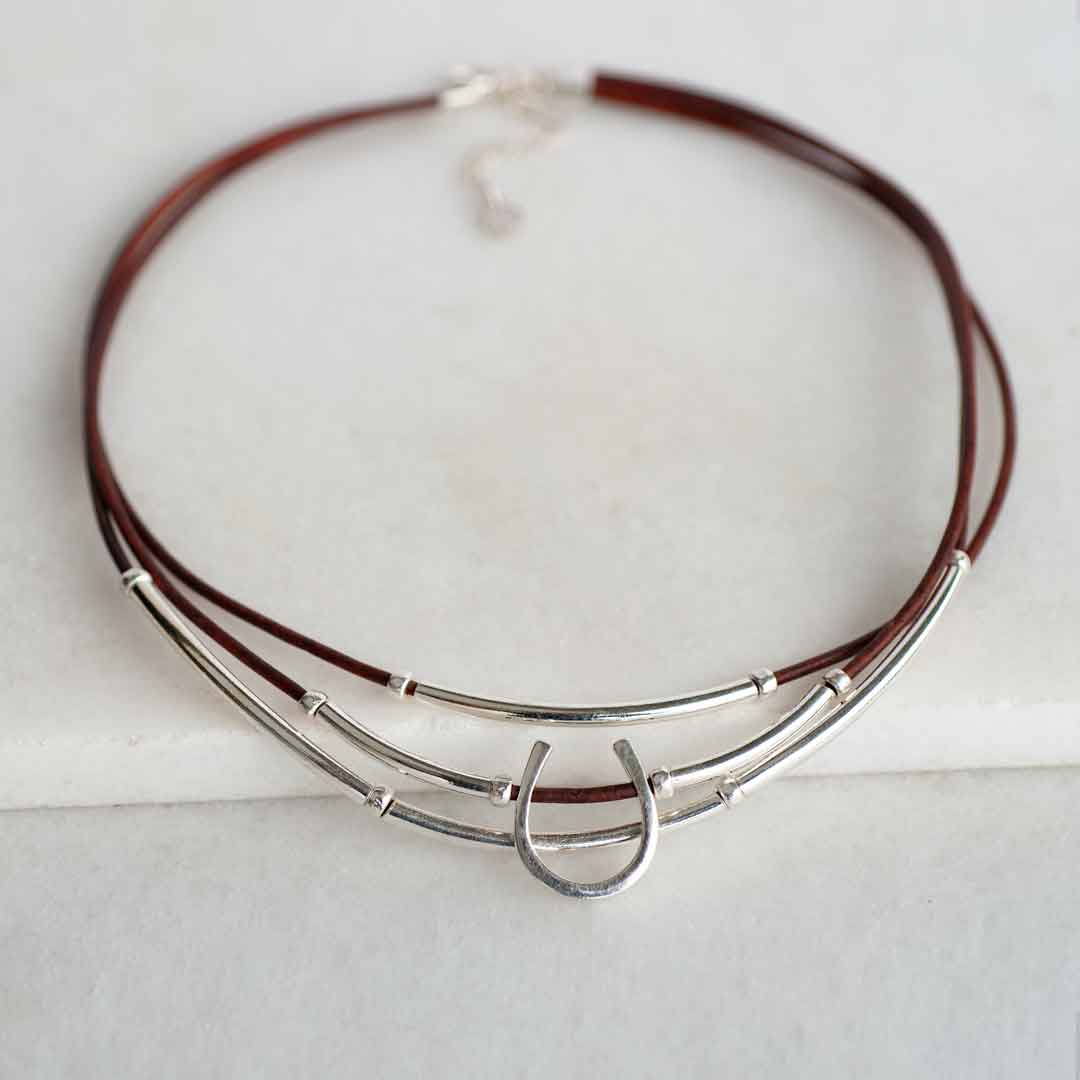 Urban Equestrian  Calista - Equestrian Horseshoe Necklace on Brown Leather