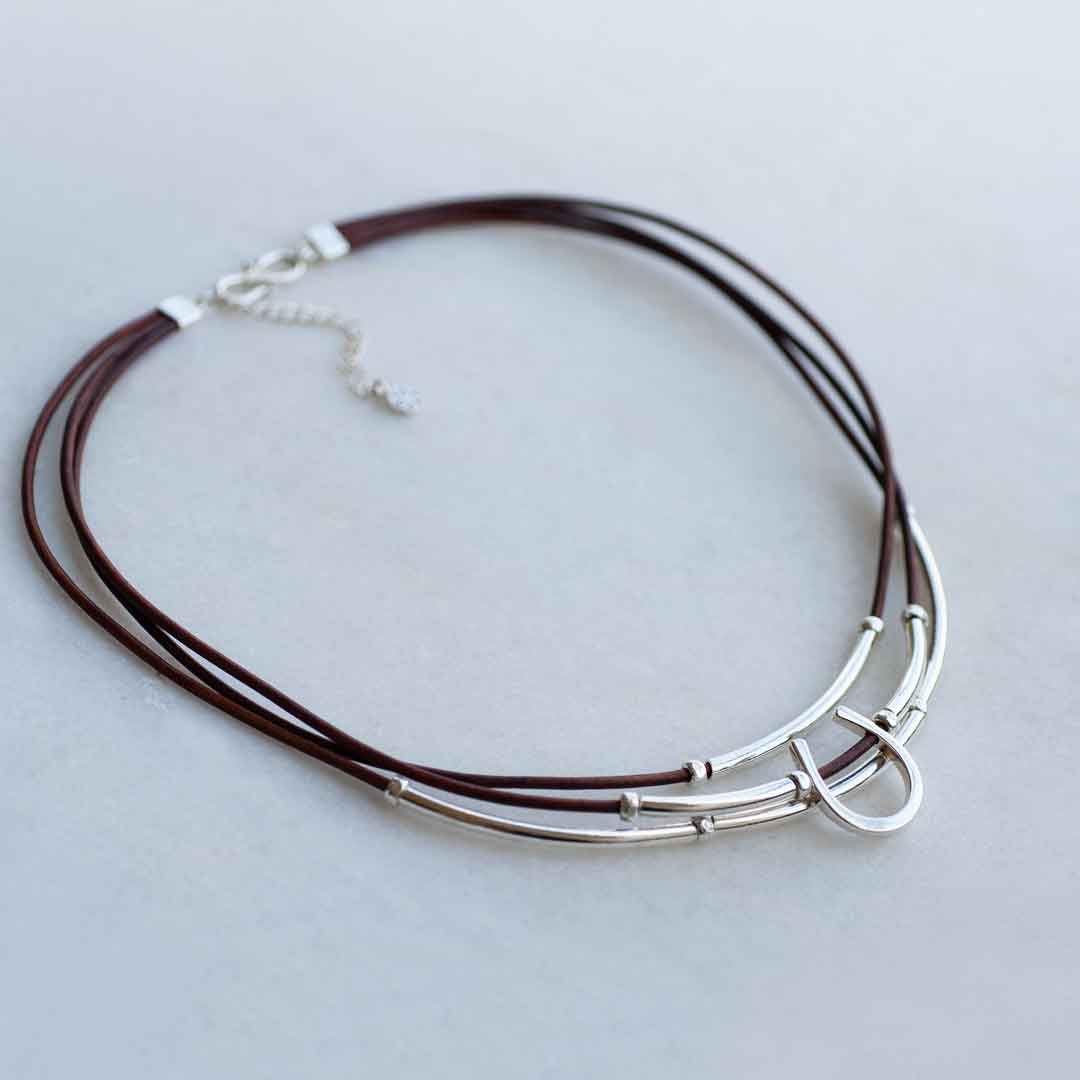 Urban Equestrian  Calista - Equestrian Horseshoe Necklace on Brown Leather