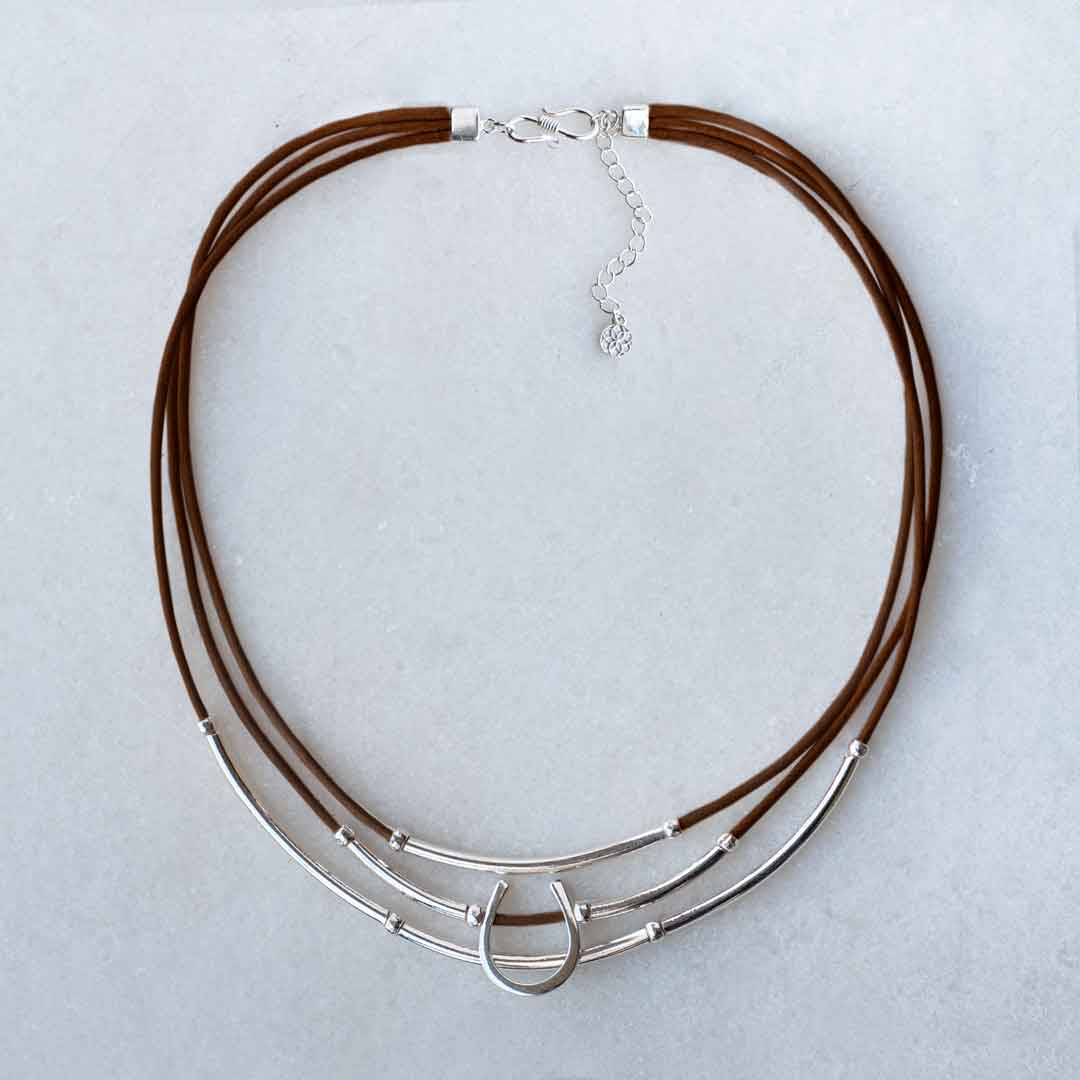 Urban Equestrian  Calista - Equestrian Horseshoe Necklace on Brown Leather
