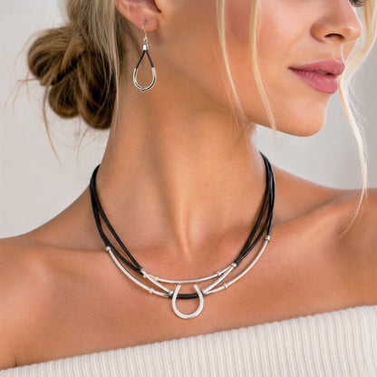 Urban Equestrian  Calista - Sterling Silver Bosal Horseshoe Earring on Black Leather