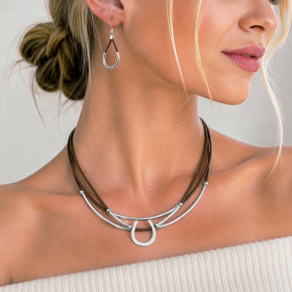 Urban Equestrian  Calista - Sterling Silver Bosal Horseshoe Earring on Brown Leather