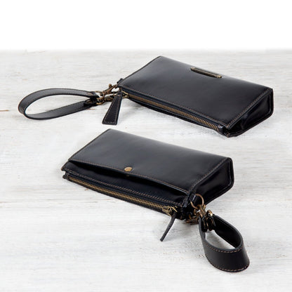 Urban Equestrian  Caravel Wristlet Clutch - Luxury Leather Handbag in Black