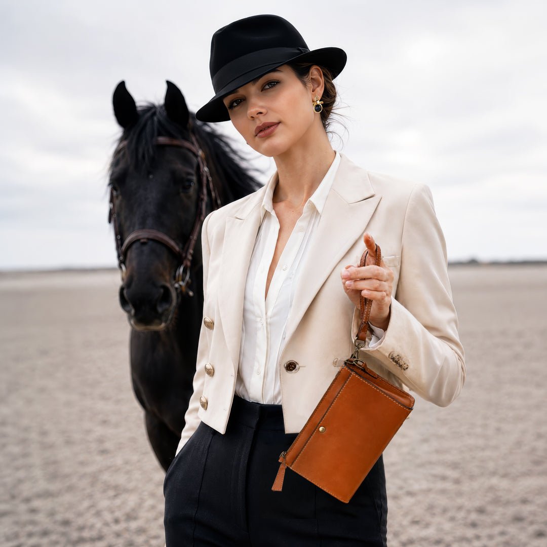 Urban Equestrian  Caravel Wristlet Clutch - Luxury Leather Handbag in Cognac