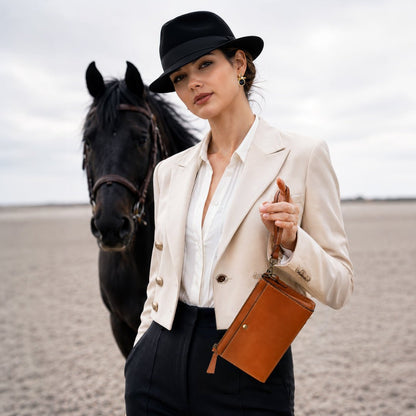 Urban Equestrian  Caravel Wristlet Clutch - Luxury Leather Handbag in Cognac