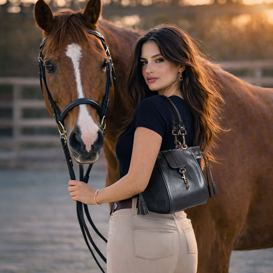 Urban Equestrian  Cassidy - Luxury Leather Bucket Handbag in Black