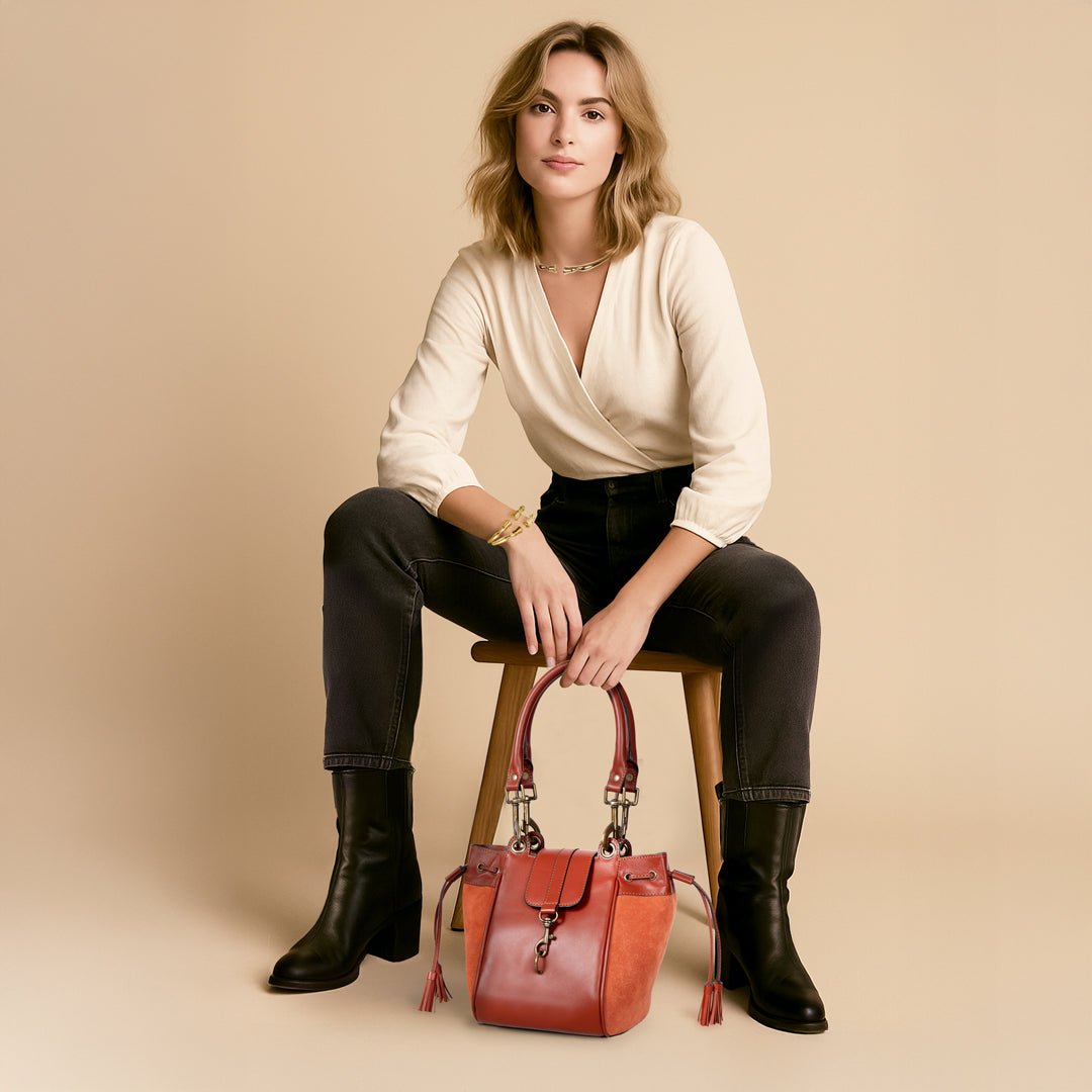 Urban Equestrian  Cassidy - Luxury Leather Bucket Handbag in Cognac