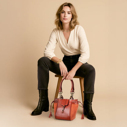 Urban Equestrian  Cassidy - Luxury Leather Bucket Handbag in Cognac
