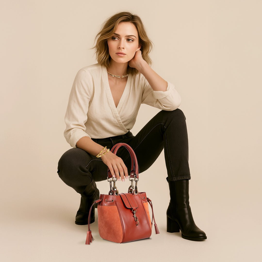 Urban Equestrian  Cassidy - Luxury Leather Bucket Handbag in Cognac