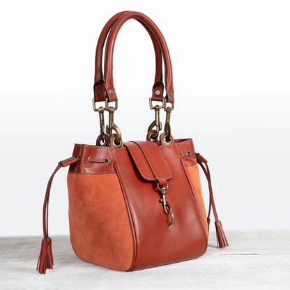 Urban Equestrian  Cassidy - Luxury Leather Bucket Handbag in Cognac