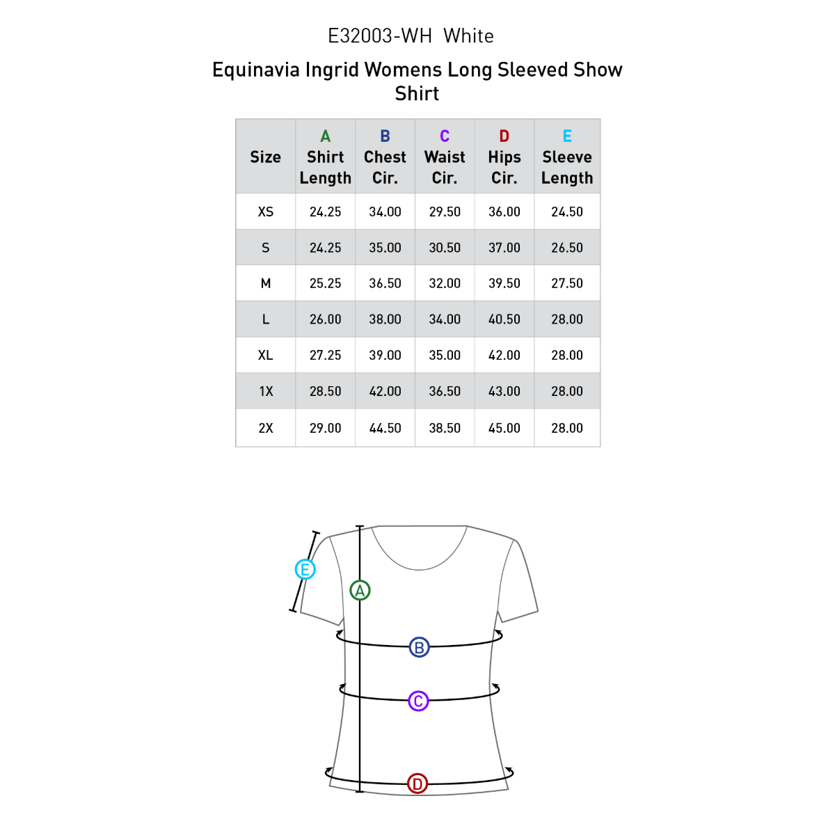 Equinavia Women's Ingrid Long Sleeved Show Shirt Size Chart