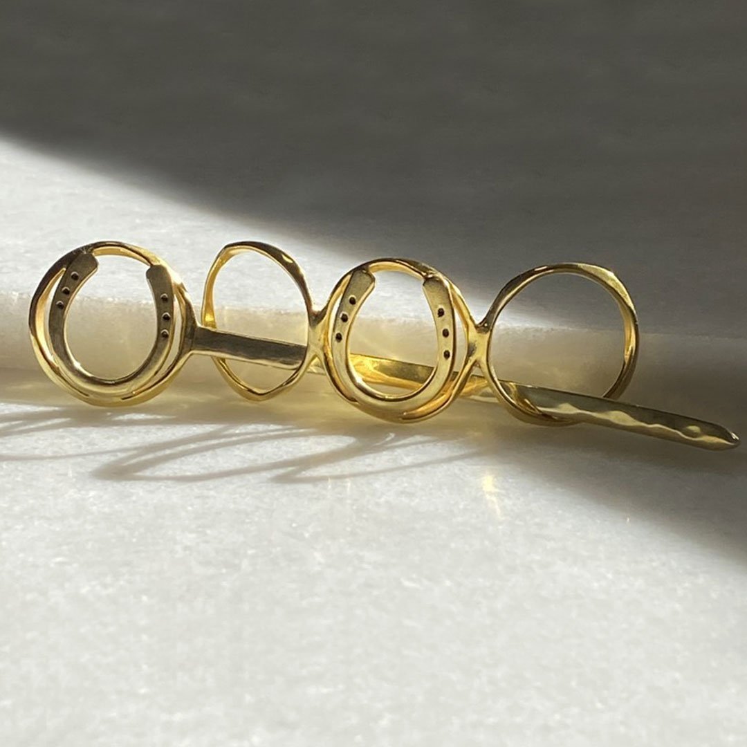 Urban Equestrian  Handcast Horseshoe and 14k Gold on Brass Center Ring Bun Cover Hair Pin