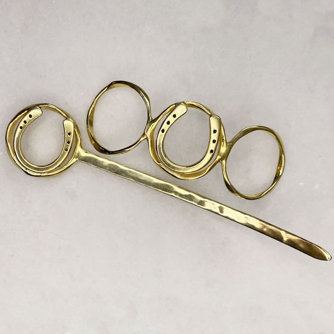 Urban Equestrian  Handcast Horseshoe and 14k Gold on Brass Center Ring Bun Cover Hair Pin