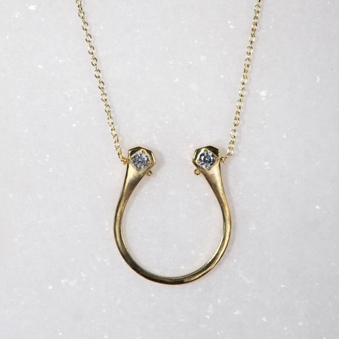 Urban Equestrian  Charmed - Mossanite Equestrian Horseshoe Nail Necklace in Gold