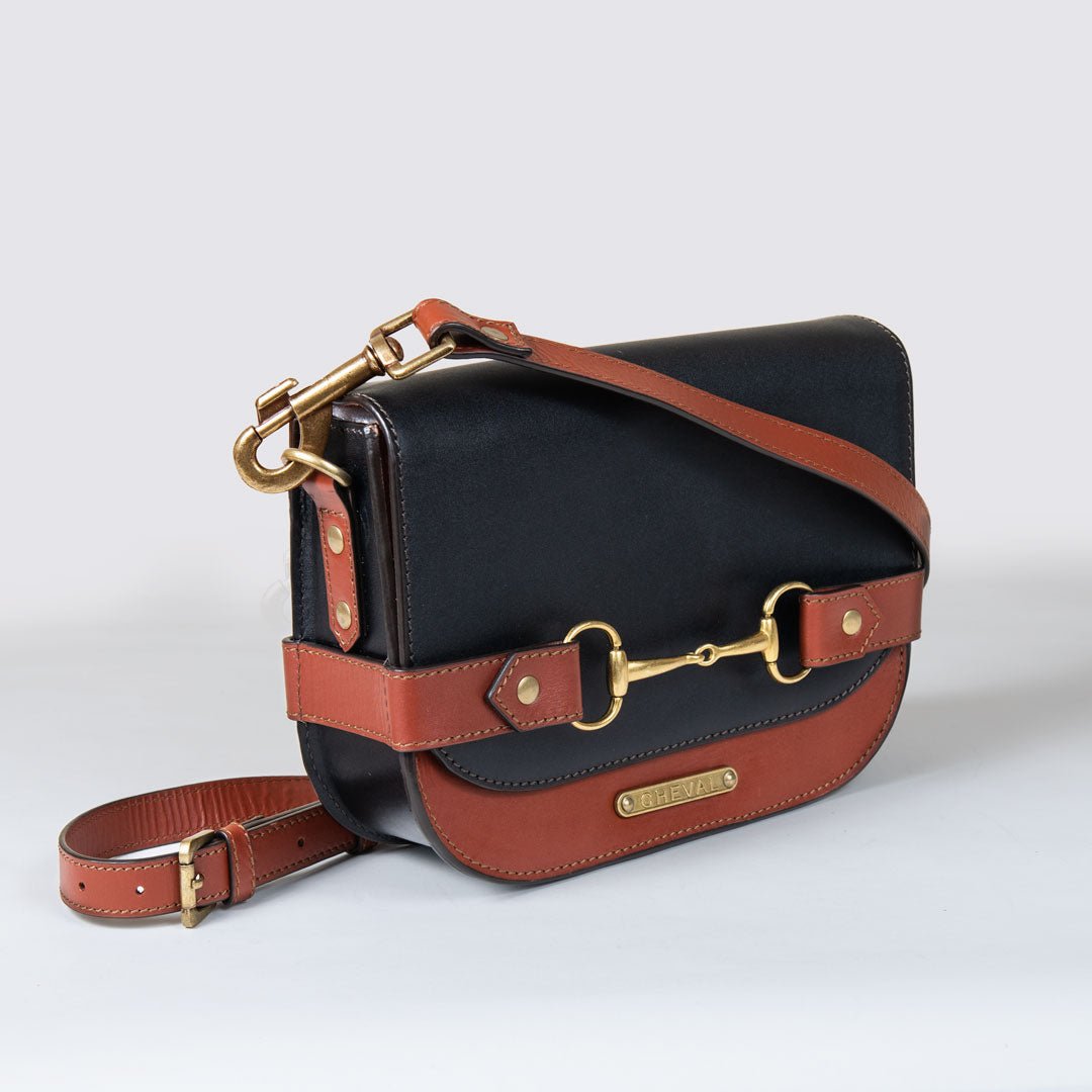 Urban Equestrian  Saratoga- Horse Bit Crossbody Luxury Leather Handbag in Cognac on Black