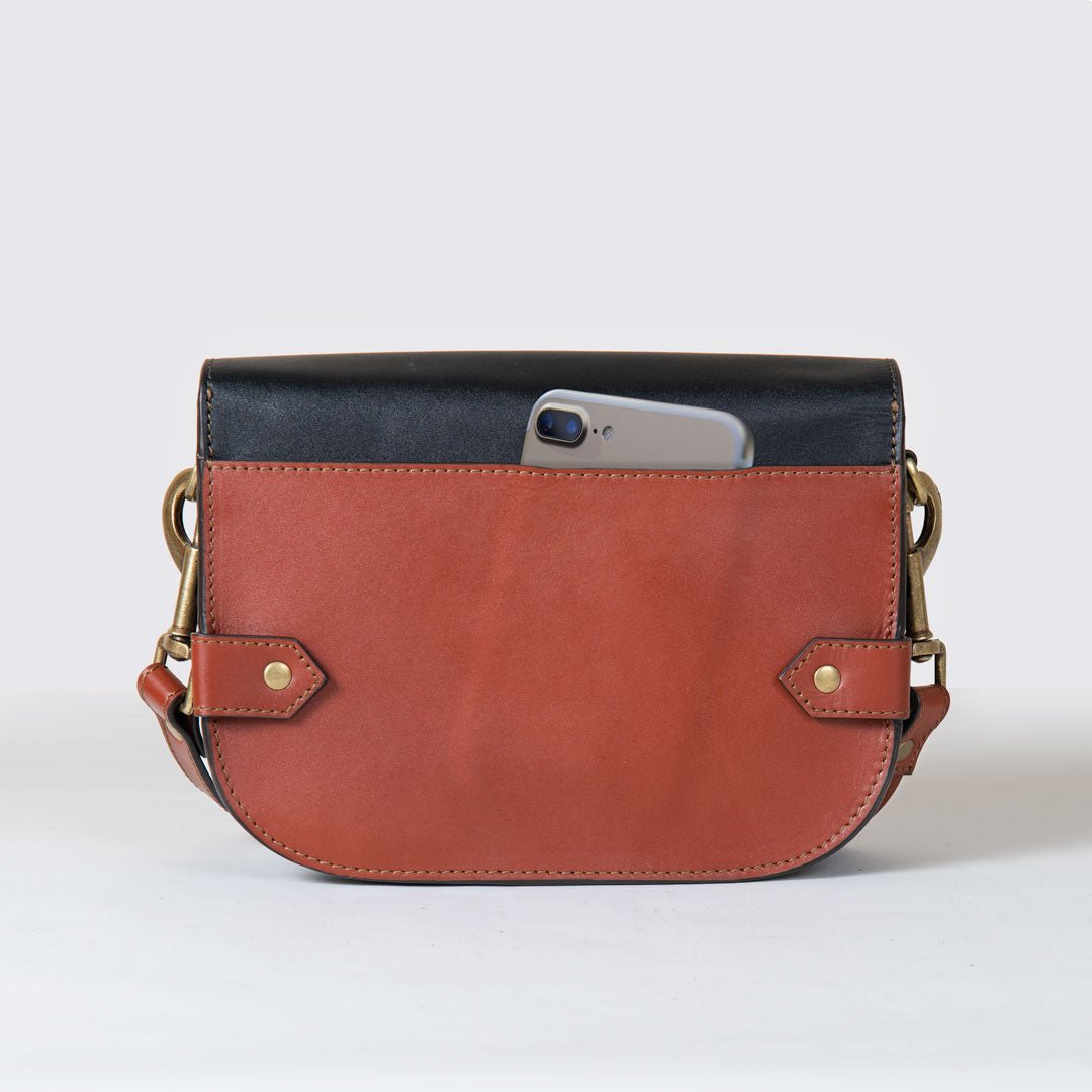 Urban Equestrian  Saratoga- Horse Bit Crossbody Luxury Leather Handbag in Cognac on Black