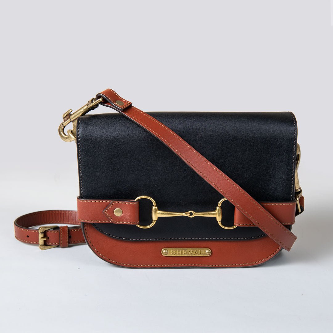 Urban Equestrian  Saratoga- Horse Bit Crossbody Luxury Leather Handbag in Cognac on Black