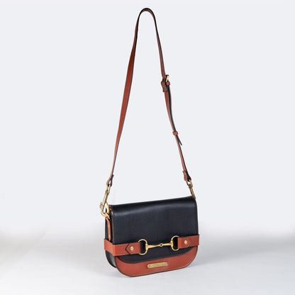 Urban Equestrian  Saratoga- Horse Bit Crossbody Luxury Leather Handbag in Cognac on Black