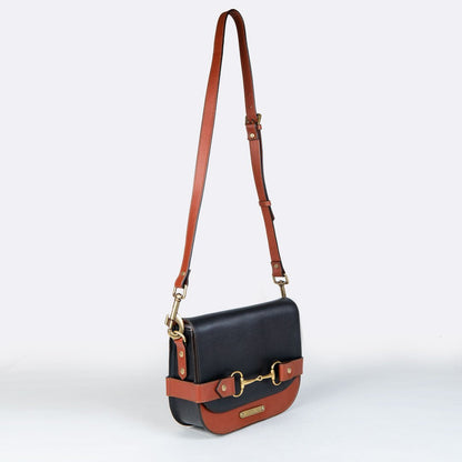 Urban Equestrian  Saratoga- Horse Bit Crossbody Luxury Leather Handbag in Cognac on Black