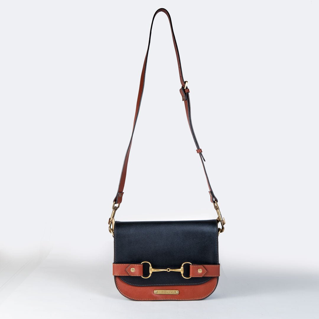 Urban Equestrian  Saratoga- Horse Bit Crossbody Luxury Leather Handbag in Cognac on Black