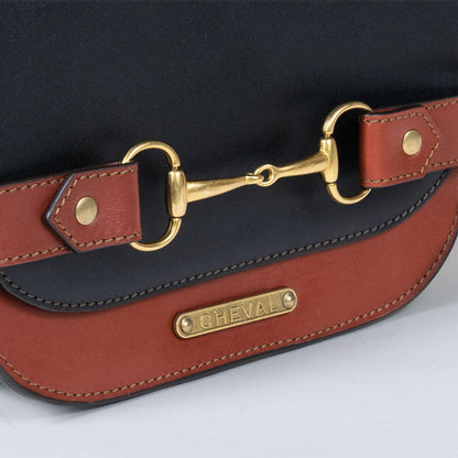 Urban Equestrian  Saratoga- Horse Bit Crossbody Luxury Leather Handbag in Cognac on Black