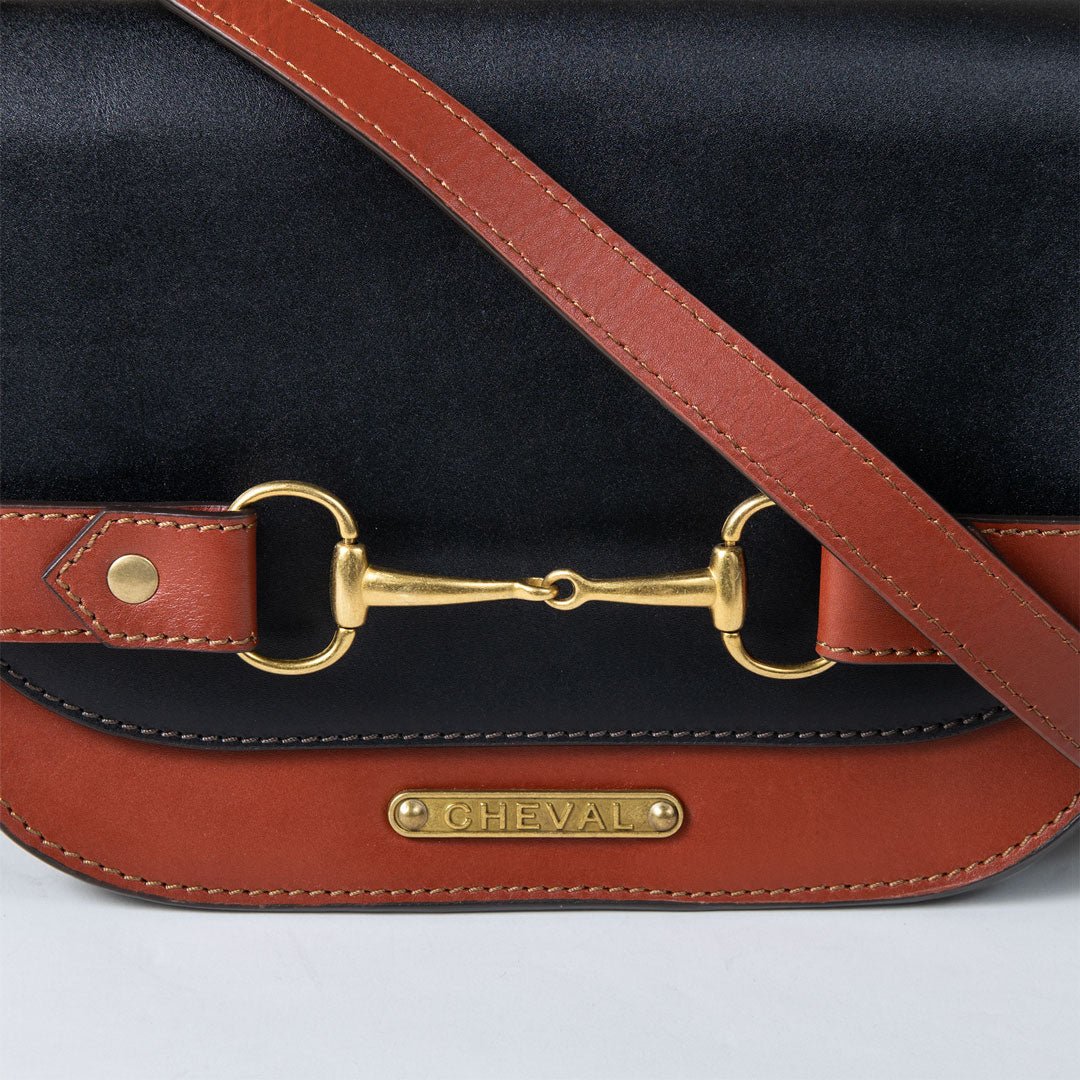 Urban Equestrian  Saratoga- Horse Bit Crossbody Luxury Leather Handbag in Cognac on Black