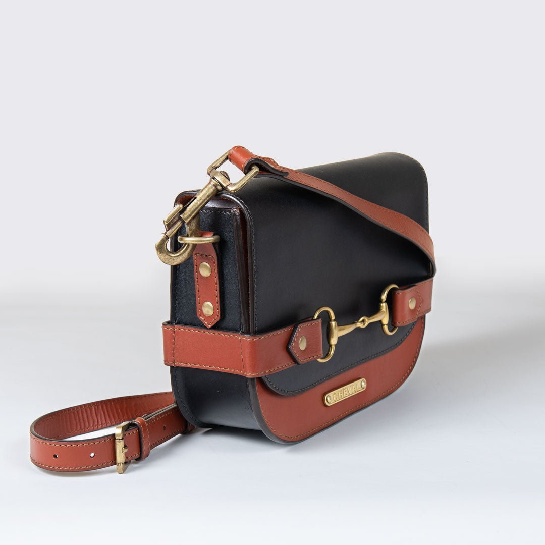 Urban Equestrian  Saratoga- Horse Bit Crossbody Luxury Leather Handbag in Cognac on Black