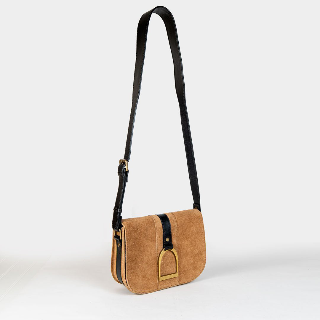 Urban Equestrian  Signature Stirrup - Riding Stirrup Crossbody Luxury Leather Handbag in Black on Chestnut