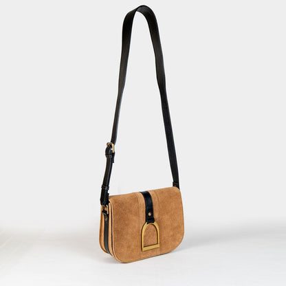Urban Equestrian  Signature Stirrup - Riding Stirrup Crossbody Luxury Leather Handbag in Black on Chestnut