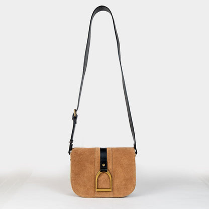 Urban Equestrian  Signature Stirrup - Riding Stirrup Crossbody Luxury Leather Handbag in Black on Chestnut