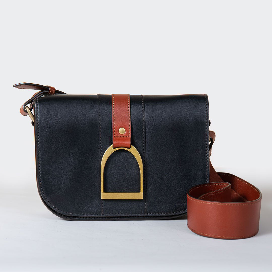 Urban Equestrian  Signature Stirrup - Riding Stirrup Crossbody Luxury Leather Handbag in Cognac on Black
