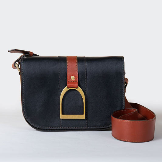 Urban Equestrian  Signature Stirrup - Riding Stirrup Crossbody Luxury Leather Handbag in Cognac on Black