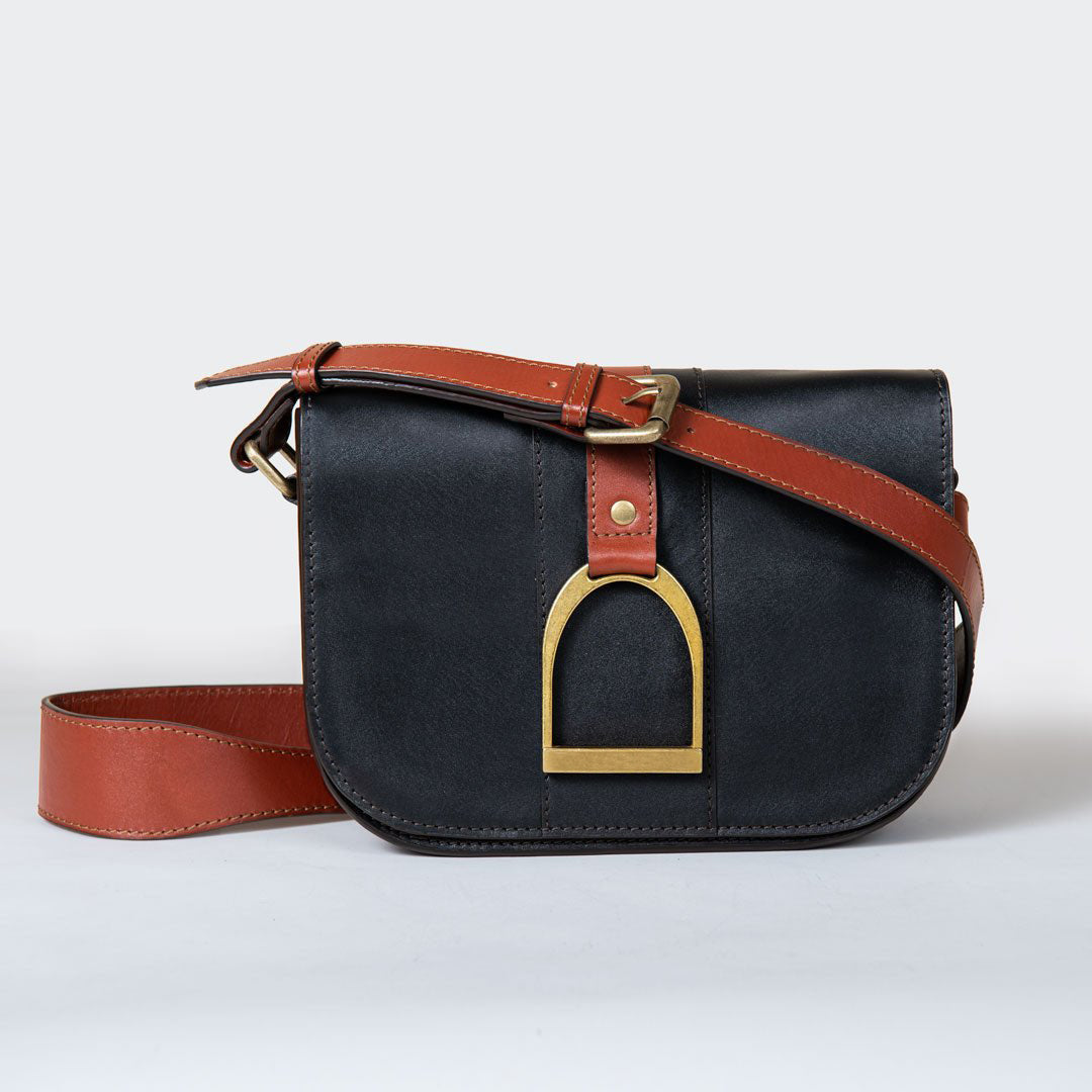 Urban Equestrian  Signature Stirrup - Riding Stirrup Crossbody Luxury Leather Handbag in Cognac on Black