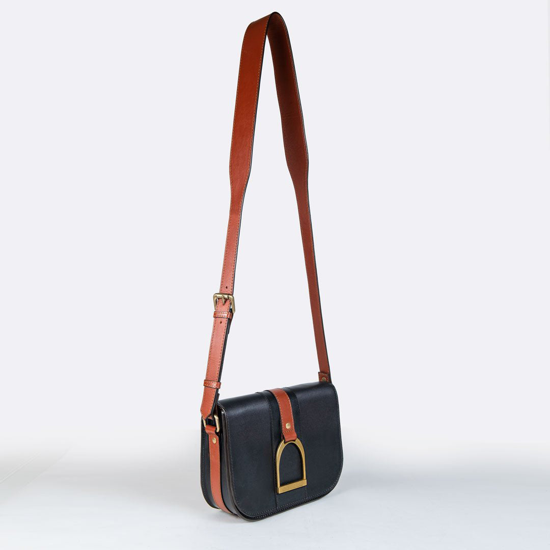 Urban Equestrian  Signature Stirrup - Riding Stirrup Crossbody Luxury Leather Handbag in Cognac on Black