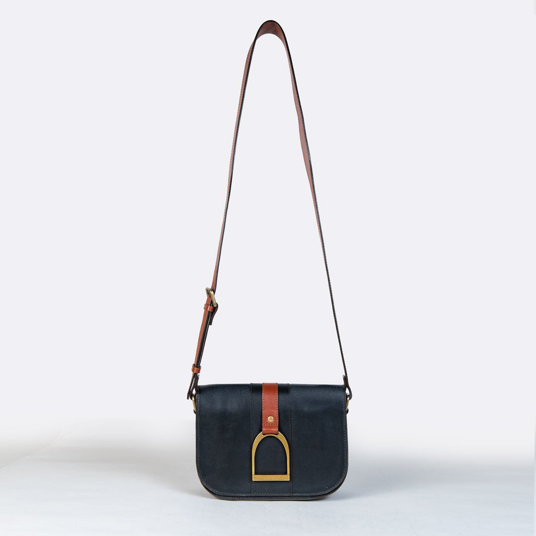 Urban Equestrian  Signature Stirrup - Riding Stirrup Crossbody Luxury Leather Handbag in Cognac on Black
