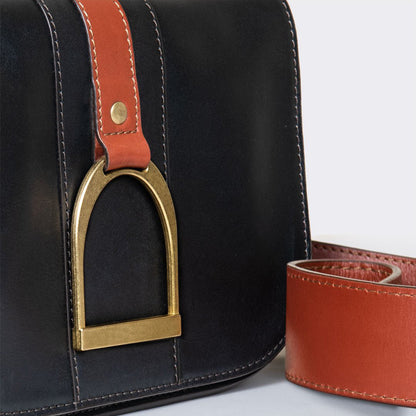 Urban Equestrian  Signature Stirrup - Riding Stirrup Crossbody Luxury Leather Handbag in Cognac on Black
