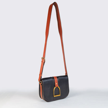 Urban Equestrian  Signature Stirrup - Riding Stirrup Crossbody Luxury Leather Handbag in Cognac on Black
