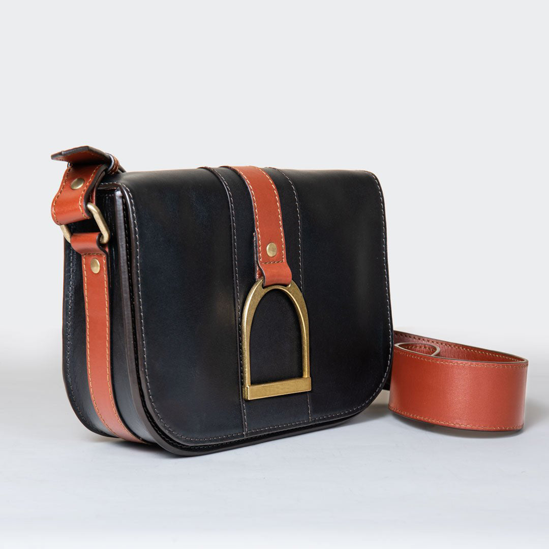 Urban Equestrian  Signature Stirrup - Riding Stirrup Crossbody Luxury Leather Handbag in Cognac on Black