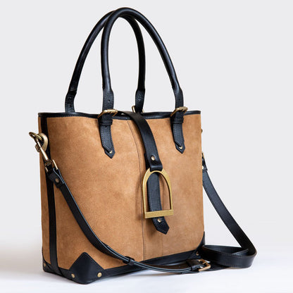 Urban Equestrian  Signature - Riding Stirrup Tote Luxury Leather Handbag in Black on Chestnut