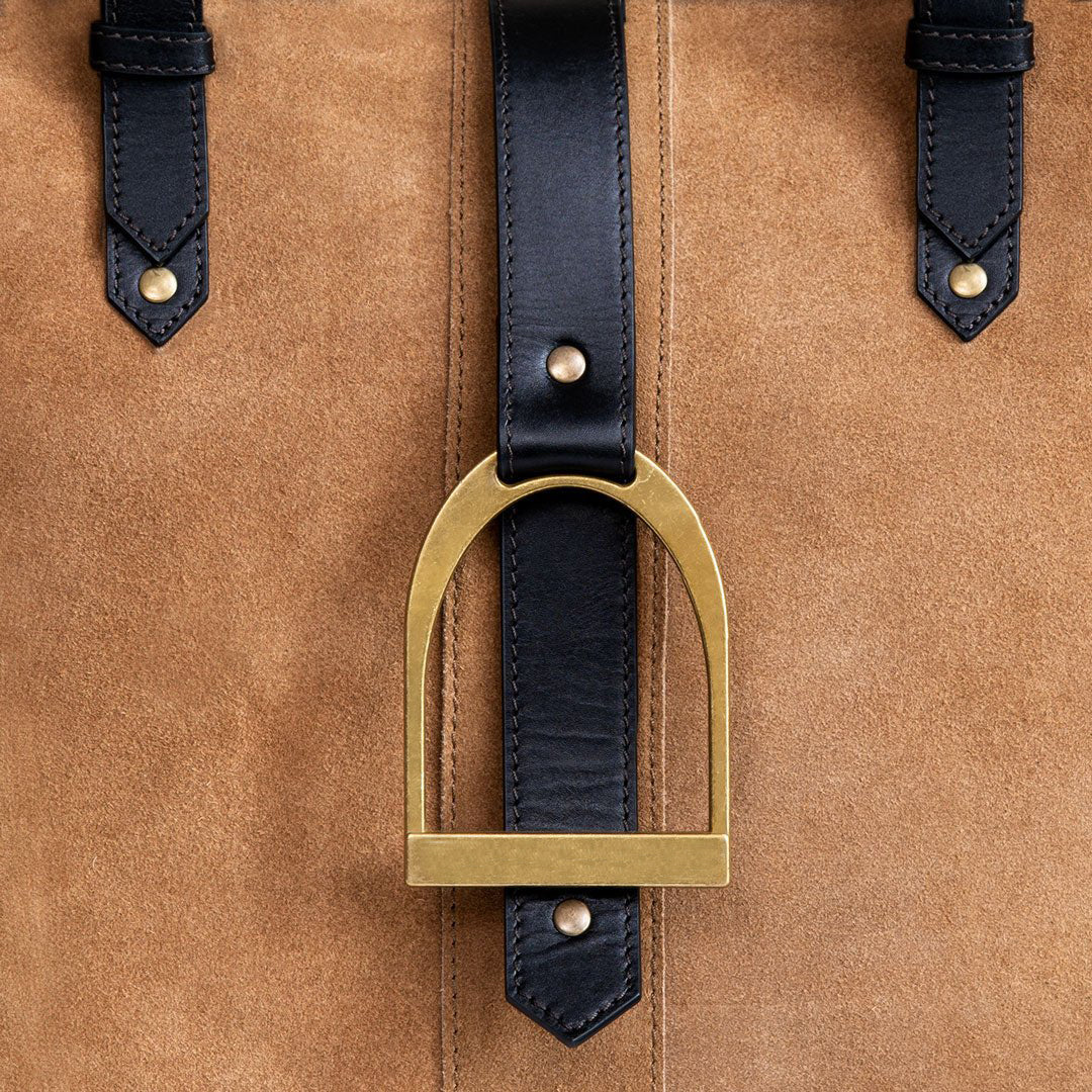 Urban Equestrian  Signature - Riding Stirrup Tote Luxury Leather Handbag in Black on Chestnut