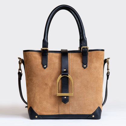 Urban Equestrian  Signature - Riding Stirrup Tote Luxury Leather Handbag in Black on Chestnut